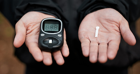 Image showing Closeup, hands and equipment for diabetes check, glucose and test for blood and health analysis. Healthcare, digital and electronic medical tools to monitor sugar, insulin or treatment for safety