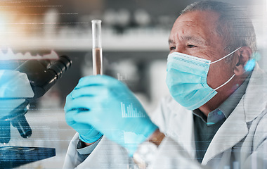 Image showing Medical, research and man with hologram, vial and science with mask, biotech and healthcare. Senior person, researcher and scientist with gloves, holographic and test tube with microscope and results