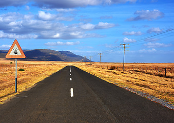 Image showing Alien, spaceship sign and road for abduction warning, science fiction and space fantasy. Area 51, travel mockup and signage for extraterrestrial caution in countryside, desert and natural landscape