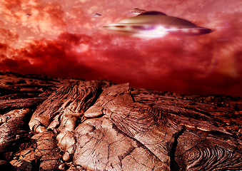 Image showing UFO, dark and spaceship in outer space on mars and planet with science fiction. Alien technology, flying saucer and red mountain landscape with surreal background and world with spacecraft in sky