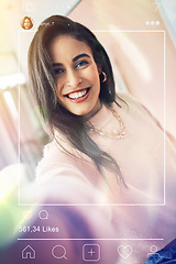 Image showing Portrait, selfie and social media with a woman influencer on screen for a profile picture, status update or post. Mobile, frame and fashion with a young content creator on a display for impressions
