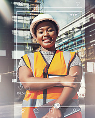 Image showing Social media, post and portrait of black woman, architect at construction site with frame, engineering and industry. App, profile picture and overlay with contractor, inspection and photography