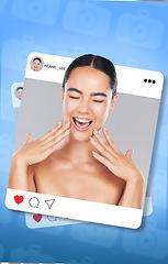 Image showing Social media, post and content creation, beauty and happy woman with frame, dermatology and excited influencer. App, profile picture and overlay with skincare, cosmetic care and photography display