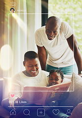 Image showing Social media, post and family reading together at home, frame and blog with parents and kid with story. App, profile picture and overlay with book, education and photography with black people