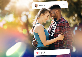 Image showing Social media post, nature and a couple with a hug for a marriage, relationship or bonding. Interracial, happy and a black man with care for a woman with an update on date on an app in a park