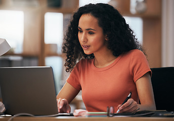 Image showing Laptop, reading and professional woman writing summary notes, schedule or event planner planning online business calendar. Computer, secretary and receptionist check company agenda, journal or report