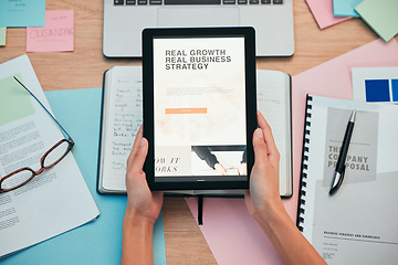 Image showing Tablet, screen and hands, business website and paperwork, company proposal and workspace. Person at desk, corporate development and digital market research strategy, sticky note and ideas top view