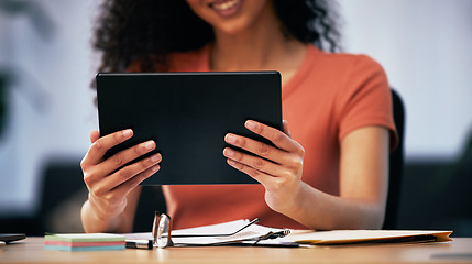 Image showing Tablet, office and hands of business person at desk online for social networking, website and internet. Creative agency, data analysis and woman on digital tech for planning, research and agenda