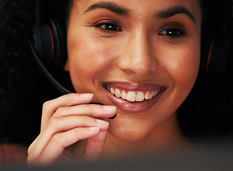 Image showing Face, mic and woman at callcenter, headset and closeup with phone call, CRM and communication with smile. Technology, customer service and happy consultant, help desk or advice with tech support