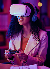 Image showing VR, glasses and woman, gaming developer and programmer test game software, futuristic technology and neon light in office. Information technology professional or gamer with virtual reality at night