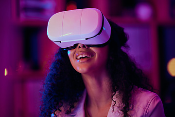 Image showing Woman, video and virtual reality, digital world and 3D with future technology, UX and neon lighting. VR goggles, metaverse with scifi or fantasy simulation, gaming and holographic with multimedia