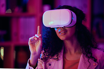 Image showing Woman, hand and virtual reality, press on screen with digital world and 3D, future technology and neon lighting. Experience, VR and metaverse, scifi or fantasy with simulation, gaming and holographic
