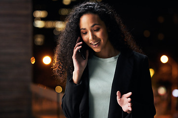 Image showing Cellphone call, communication and professional woman consulting, discussion and talking with business contact. Rooftop, city and person networking, planning and late night consultation on smartphone
