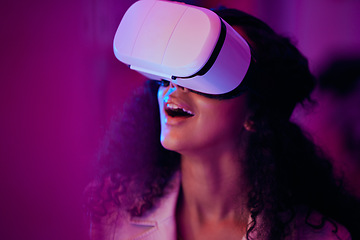 Image showing Woman, wow and virtual reality, digital world and 3D with future technology, UX and neon lighting. Surprise, VR and metaverse, scifi or fantasy with simulation, gaming and holographic with multimedia