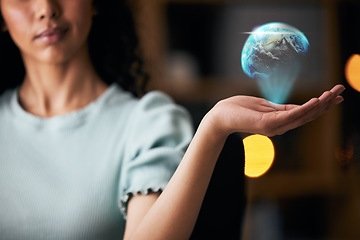 Image showing Business woman, hand and hologram of Earth, global network and 3D with futuristic and innovation. International company, worldwide and digital world with corporate growth, development and holographic