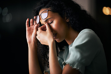 Image showing Headache, eye strain and business woman with work stress, anxiety and burnout in a office. Employee, tired and female professional at night with deadline with company mistake and error at a job
