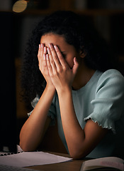 Image showing Night, tired and professional woman depressed, burnout and overwhelmed with work, administration job or overtime fatigue. Mental healthy, dark office and receptionist sad, cry and stress over mistake