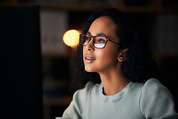 Image showing Student, woman and computer for night reading, online education or university research in dark. Young person on desktop, glasses reflection or vision for online studying, college deadline or planning