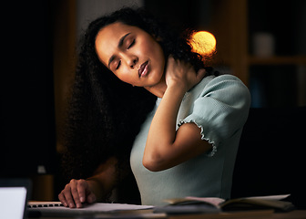 Image showing Woman at office, neck pain and burnout, night work and fatigue with deadline, spine and bad posture at desk. Health, wellness and working overtime, stress and muscle tension with tired employee