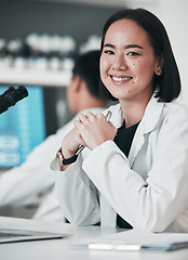 Image showing Science, healthcare and portrait of Asian woman in laboratory for research, analysis and study. Chemistry, pharmaceutical and happy scientist with equipment for medical innovation, sample and testing