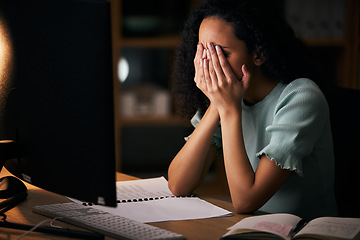 Image showing Office woman, sad and tired on computer for night research, marketing mistake, copywriting and deadline fatigue. Person or writer with depression, job stress and anxiety or crying for planning fail