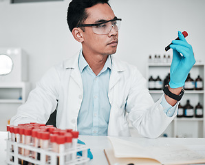 Image showing Scientist, asian man and blood test in laboratory for medical investigation, chemistry research and vaccine. Science, worker and dna analysis of sample, healthcare innovation and medicine development