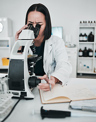 Image showing Microscope, woman and notes in laboratory for science research, dna analysis and innovation. Scientist, biotechnology and medical investigation, chemistry test or check lens for results of assessment