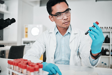 Image showing Scientist, man and blood test in laboratory for medical investigation, chemistry research and vaccine. Science, asian worker and dna analysis of sample, chemical innovation and healthcare development