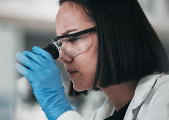 Image showing Science, healthcare and Asian woman in laboratory with microscope for research, analysis and study. Microbiology, chemistry and scientist with equipment for medical innovation, sample and DNA test