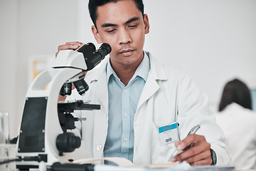 Image showing Science, microscope and man writing data, test results and research report for medical analysis of DNA in laboratory. Biotechnology scientist or doctor with checklist, documetns or healthcare study