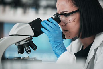 Image showing Science, microscope sample and Asian woman in laboratory for research, analysis and study. Microbiology, healthcare ppe and scientist with equipment for medical innovation, pharmacy and DNA test