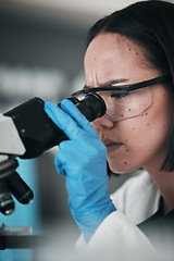 Image showing Science, microscope and Asian woman in laboratory with glasses for research, analysis and study. Microbiology, healthcare ppe and scientist with equipment for medical innovation, sample and DNA test