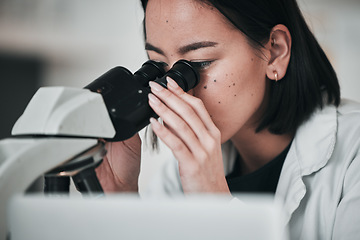 Image showing Science, microscope and Asian woman in laboratory for medical study, data analysis and research. Biotechnology, healthcare and scientist looking in equipment for innovation, sample and DNA testing