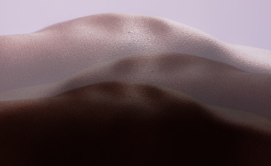 Image showing Skincare, texture and body in studio on double exposure for closeup, beauty and dermatology. Creative aesthetic, silhouette and person on purple background for wellness, art deco and cosmetics