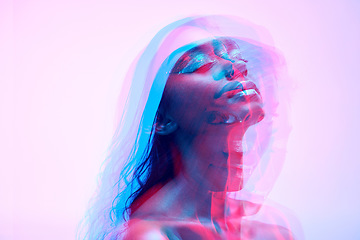 Image showing Neon, double exposure and woman face with art deco, creative and color lighting for style in studio. Female model, cosmetics and overlay with glow, makeup and person with freedom and pink background