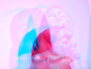 Image showing Neon light, double exposure and relax woman with art deco, creative and color lighting for style in studio. Female model, cosmetics and overlay with glow, makeup and freedom with pink background