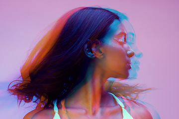 Image showing Neon, double exposure and woman with art deco, creative and colog lighting for style in studio. Female model, cosmetics and overlay with glow, makeup and person with freedom and pink background