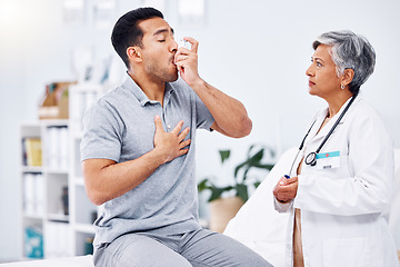 Image showing Asthma inhaler, patient and doctor with healthcare and medicine for lung disease, wellness and senior woman with man at clinic. Help, trust and care with pump for breathing, with health and drugs