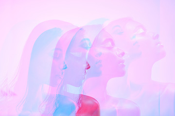 Image showing Neon, double exposure and woman profile with art, creative and color lighting for style in studio. Female model, cosmetics and overlay with glow, makeup and person with freedom and pink background