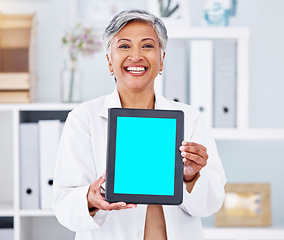 Image showing Doctor, senior woman and tablet, mockup and screen with telehealth advertising, hospital and technology. Healthcare website, ads for health and wellness app with physician and online medical system