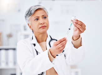 Image showing Vaccine injection, doctor and woman with bottle, healthcare safety and immunity in clinic. Mature medical worker with needle, vial and medicine container for help with virus, vaccination and flu shot