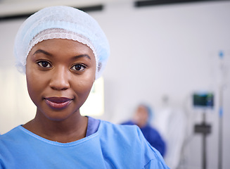 Image showing Confident, portrait and black woman, surgeon or healthcare expert for patient surgery, clinic service or medical help. Experience, mockup space and African person, nurse or doctor in hospital theatre