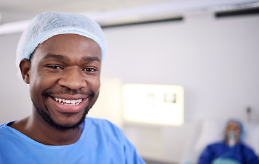 Image showing Smile, portrait and black man, surgeon or healthcare expert for patient surgery support, hospital services or medical help. Client, happy and African person, nurse or doctor in operating room theatre
