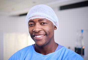 Image showing Happiness, portrait and black man, surgeon or healthcare expert for surgery support, hospital services or medical help. Wellness, smile and African person, nurse or professional doctor in clinic