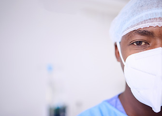 Image showing Portrait, face mask and black man, surgeon or healthcare expert for surgery support, hospital services or medical help. Wellness, mockup space and health doctor commitment in operating room theatre