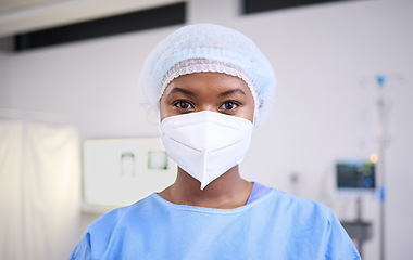 Image showing Portrait, black woman and doctor with a mask, safety and protection in a hospital, surgeon and physician. Face cover, medical professional and employee in a clinic, regulations and healthcare policy