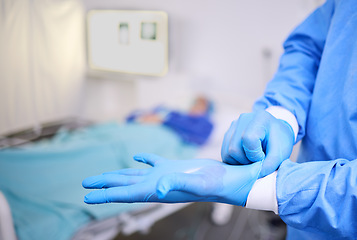 Image showing Hands, gloves and hospital person, surgeon or healthcare expert ready for surgery, clinic service or helping patient. Nurse, scrubs and doctor commitment, job experience or prepare for client support
