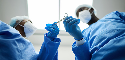 Image showing Surgery team, scissors and a doctor in a hospital or theatre to start operation with surgical tools. Below a surgeon and assistant with sterile equipment for medical procedure or emergency healthcare