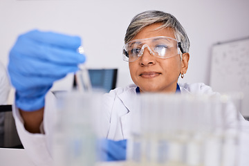 Image showing Essential oil, mature or scientist in lab to research organic or natural fragrance for science development. Serum sample, treatment or collagen expert working on a skincare, perfume or beauty product