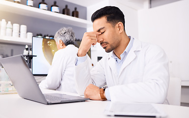 Image showing Scientist, pain and headache for computer research, pharmaceutical fail or data analysis, mistake or laboratory results. Sad, fatigue or tired science man or medical doctor on laptop for job crisis